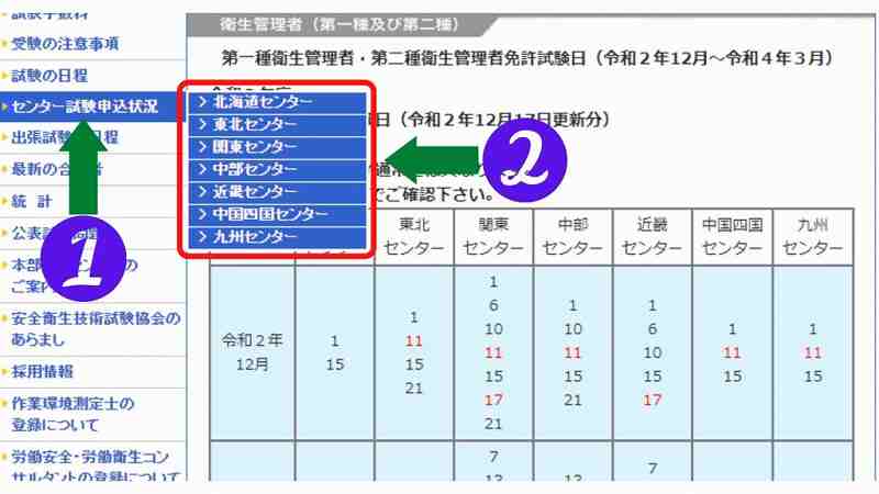 申し込み状況の各センターのタブ